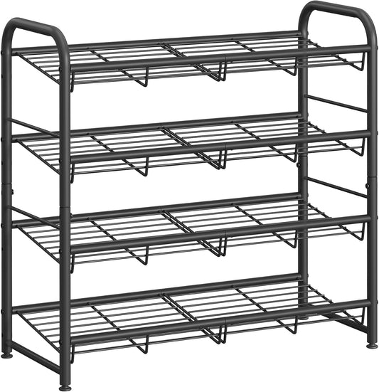 Stackable Shoe Rack, 4 Tier Metal Shoes Rack Storage Shelf, Holds up to 20 Pairs Shoes, Adjustable Slanted Shelves Shoe Tower Organizer for Closet Entryway Small Spaces, Black