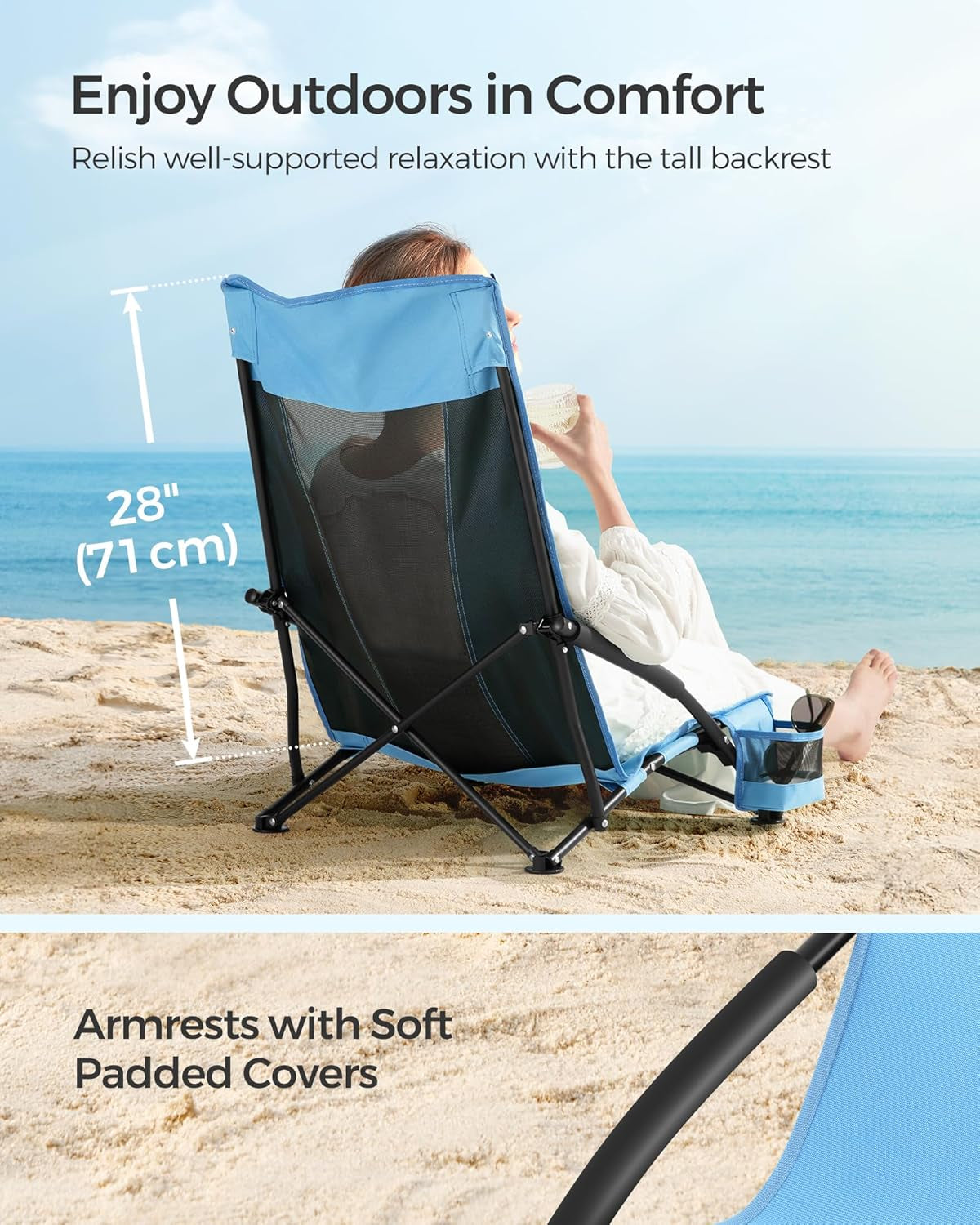 Set of 2 Portable Beach Chairs for Adults, Max. Load 330 Lb Each, High Backrest, Cup Holder, Lightweight, Heavy-Duty, Light Blue UGCB067Q01V1