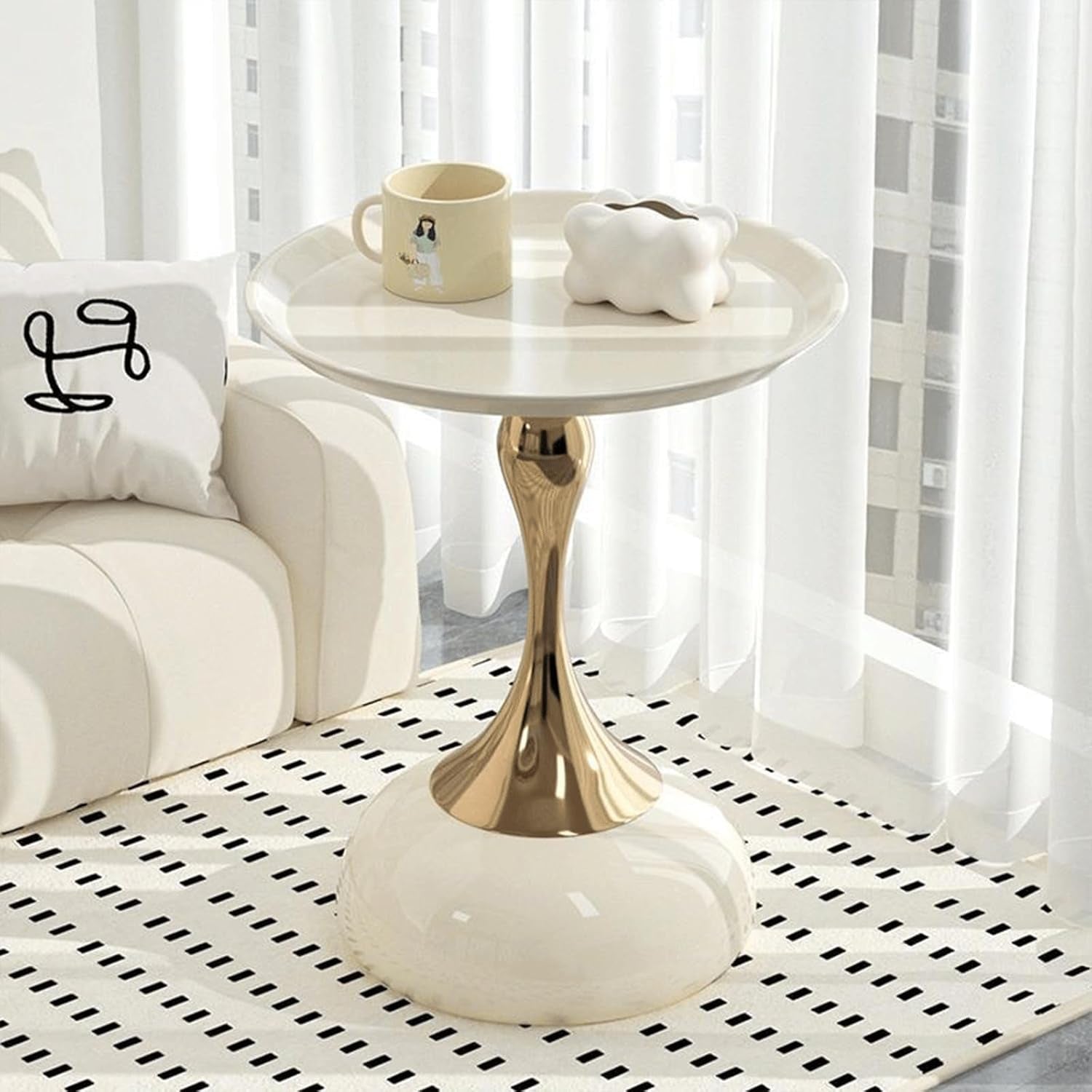 Elegant Modern Side Table - Featuring a Unique Hourglass Design, Ideal for Use in Living Rooms, Cafes, Dining Rooms, Bedrooms, and Outdoors - a Fashionable Decoration (1, off White)