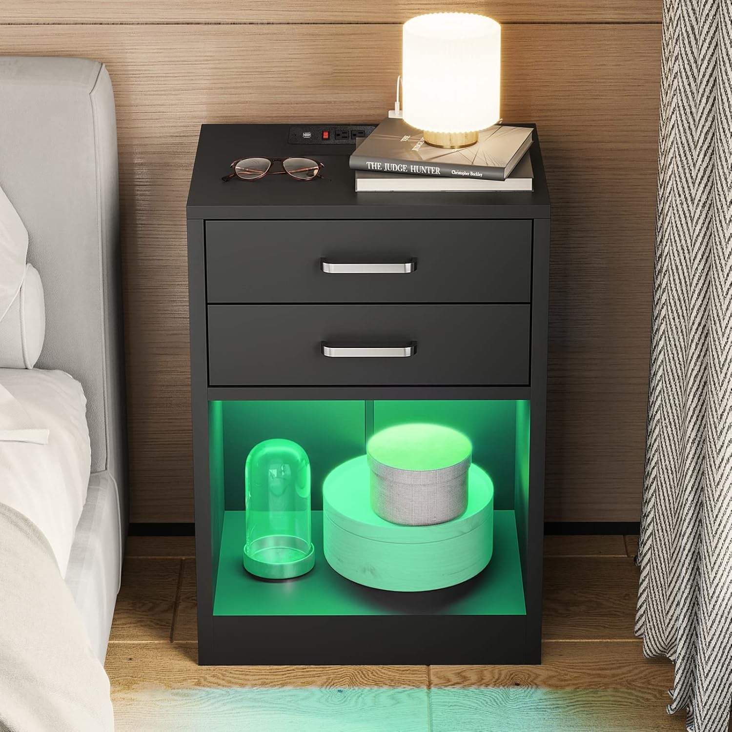 LED Nightstands Set of 2,Night Stands for Bedrooms Set of 2,Nightstand with Charging Station and LED Lights,Black Bedside Table with Power Outlets & Drawers,Modern End Side Table