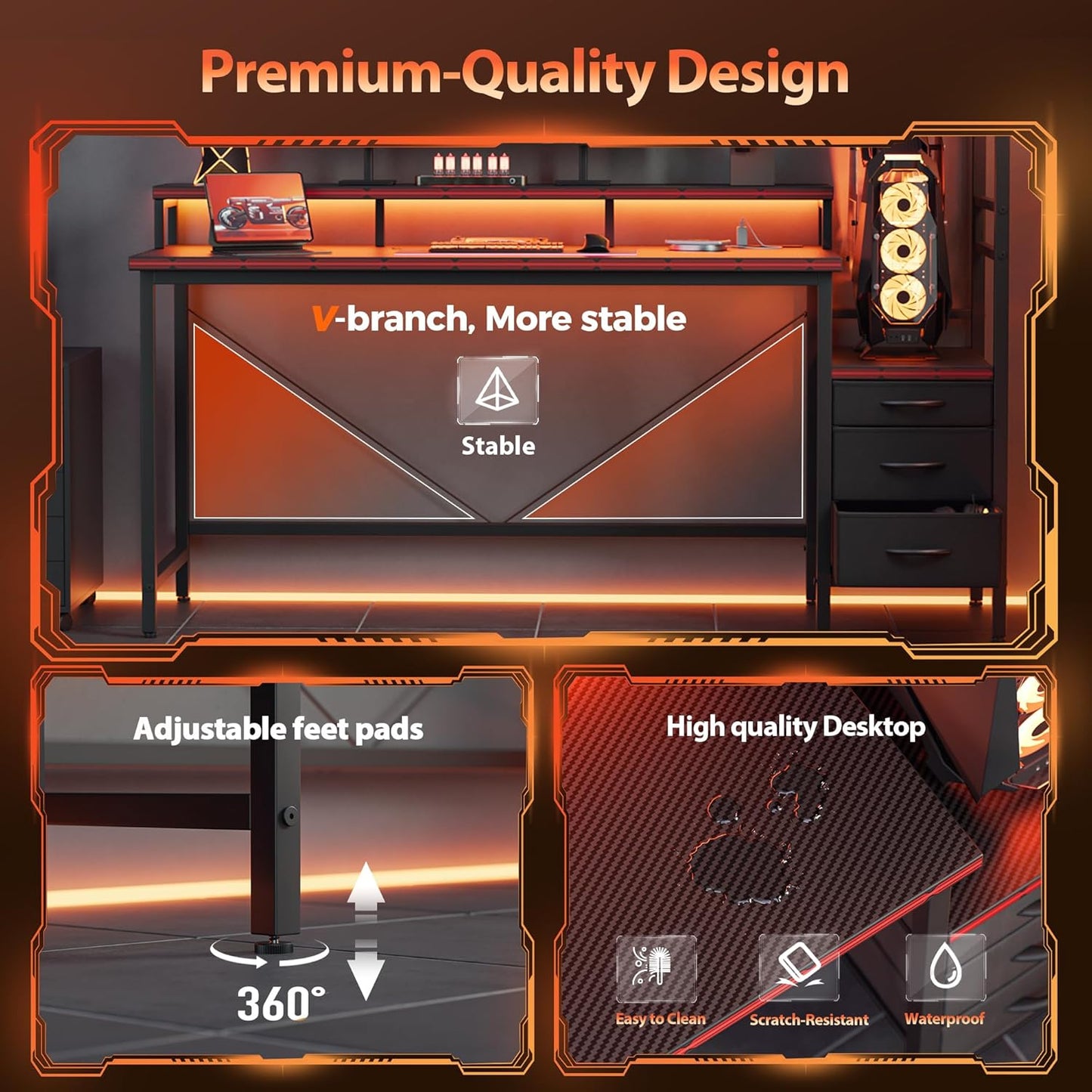 Gaming Desk with Power Outlets & LED Lights, Reversible Computer Desk with PC Case Stand, Fabric Drawers, Modern Office Desk with Shelves, Monitor Stand (Djk-White, 60 Inch)