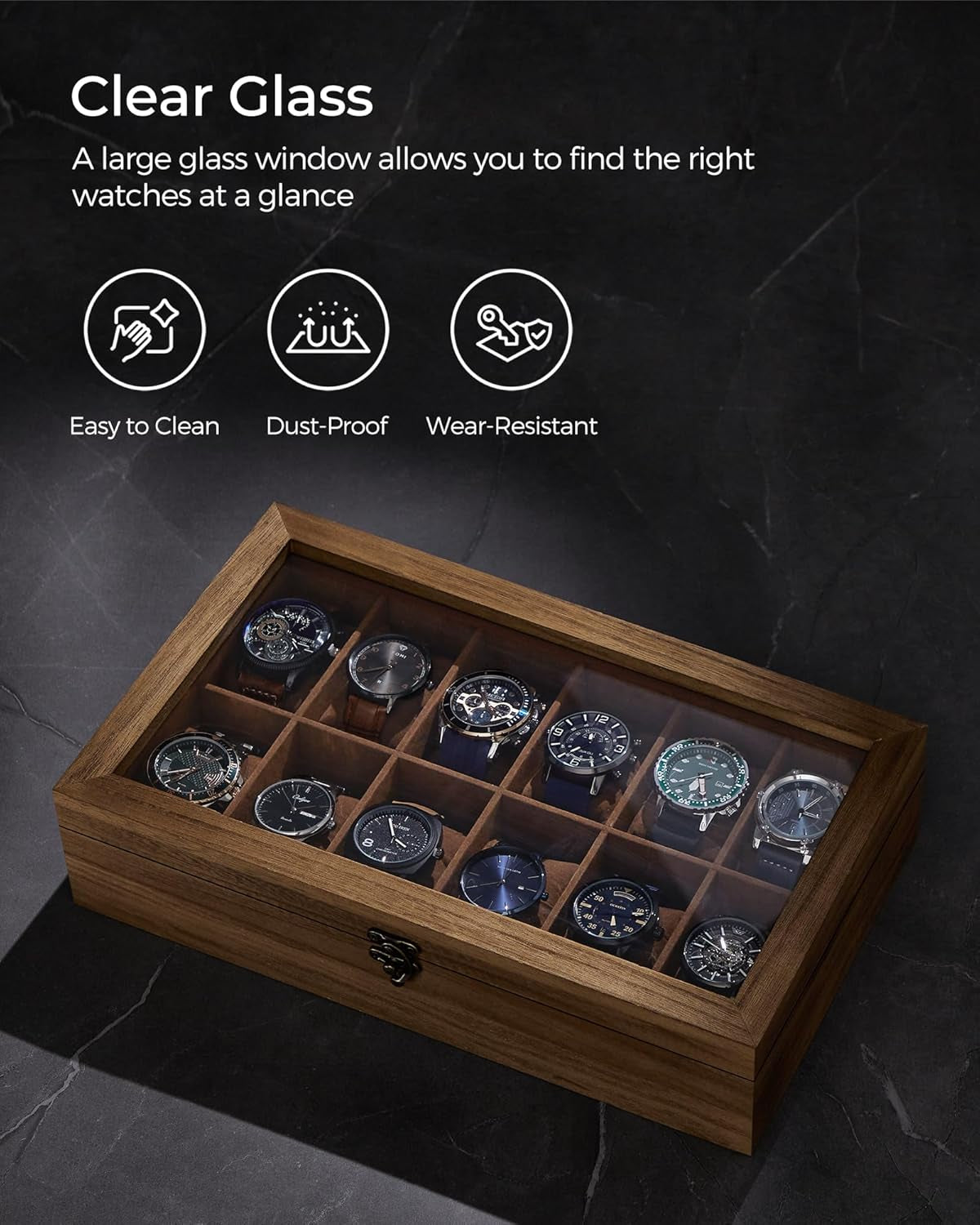 2 Items Bundle - Watch Boxes, 12-Slot Solid Wood Watch Box Organizer with Glass Lid, 2-Tier Watch Case with 8 Slots, Rustic Walnut UJOW008K01 and UJOW120K01