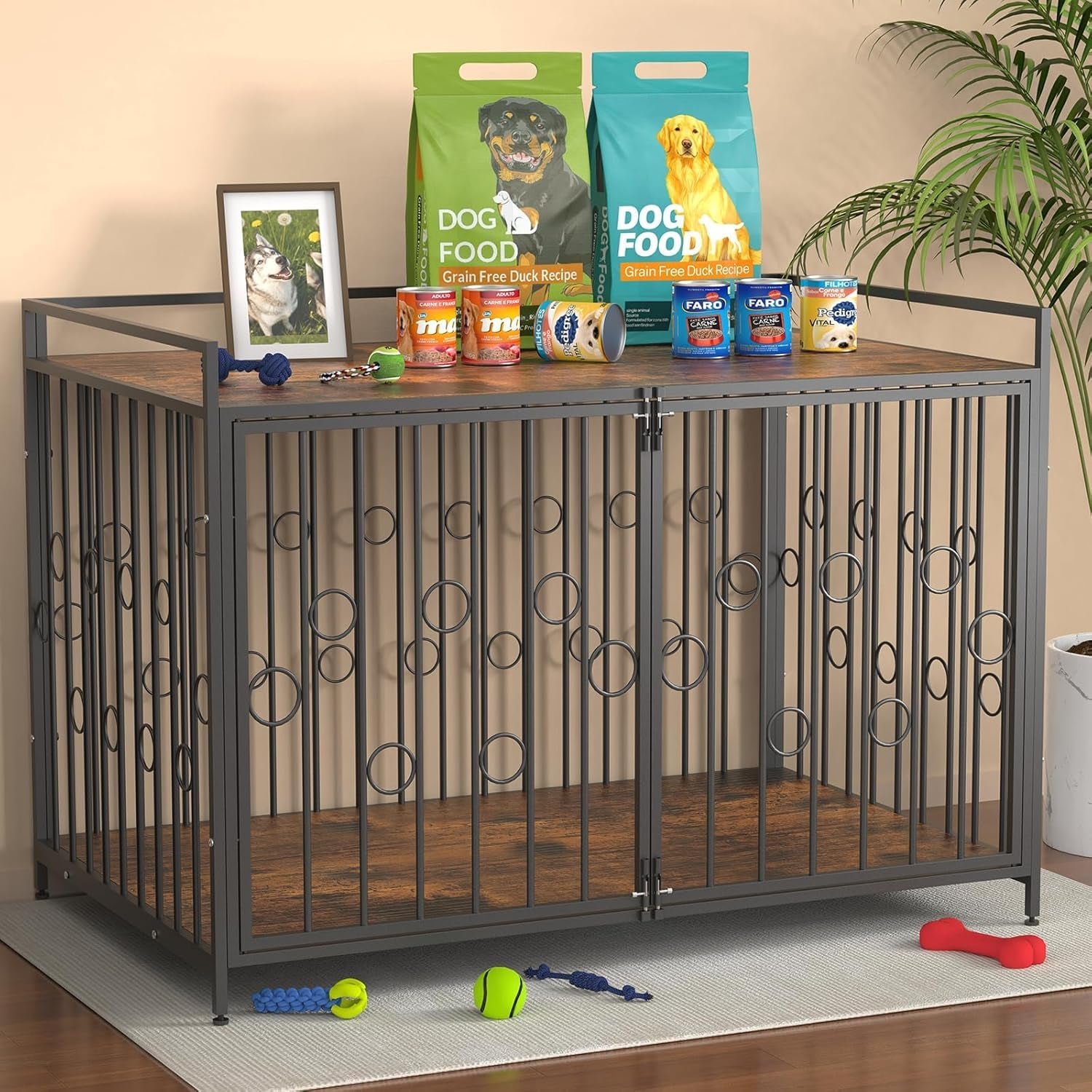 48 Inch XL Dog Crate Furniture for Extra Large Dogs, Heavy Duty Wooden Dog Kennel Table with Storage Shelf, Unique Modern round Decorative Pet Crate End Table, Sturdy Indoor Dog House