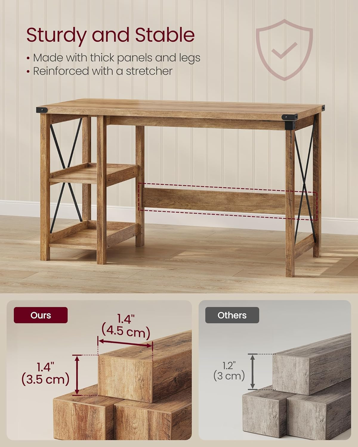 Computer Desk, Home Office Desk with Storage Shelves on Right or Left, Farmhouse, for Work Study Gaming Writing, 23.6 X 47.2 X 29.5 Inches, Honey Brown ULWDAM090T41