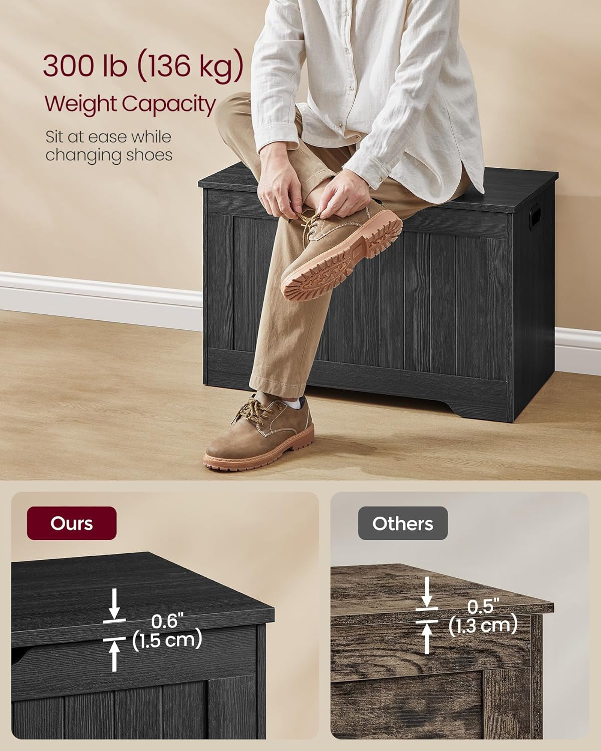 Storage Chest, 29.9 Inches Width Storage Bench, Entryway Bench with 2 Safety Hinges, Shoe Bench, Farmhouse Style, for Entryway, Bedroom, Living Room, Charcoal Gray ULHS011B02