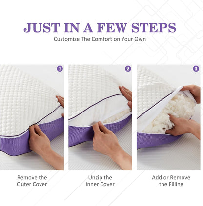 Adjustable Shredded Memory Foam Pillow Queen Size, Cooling Bed Pillow for Sleeping with Removable Cover, Medium Pillow for Side Stomach & Back Sleepers, 1 Pack 20"X28"