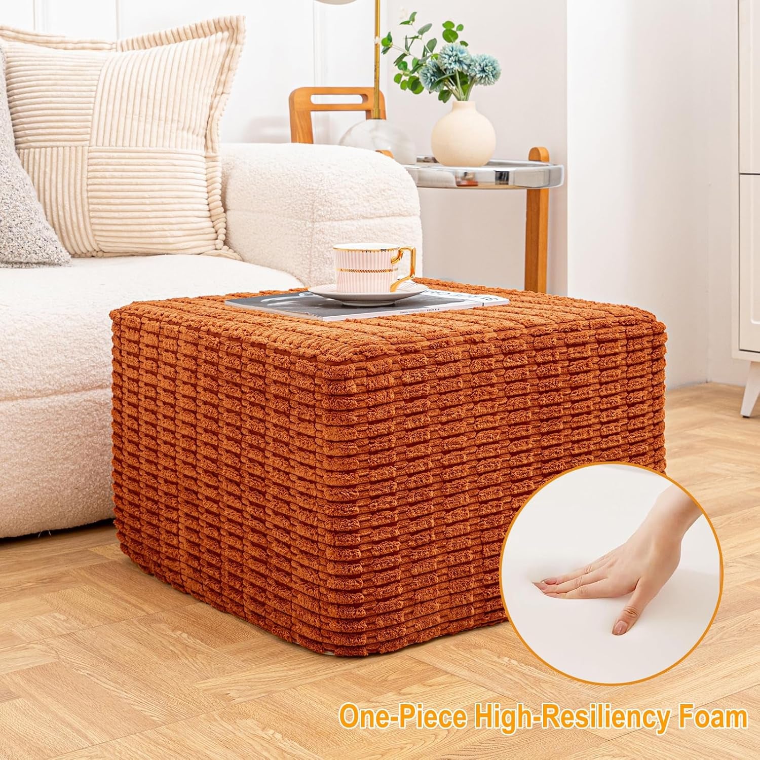 round Square Pouf Ottoman Foot Rest – Lightweight Modern Footstool with Plush Foam Filling, Perfect for Living Room Decor & Cozy Comfort – 20X20X14 Inch Chic Accent Piece (Burnt Orange)