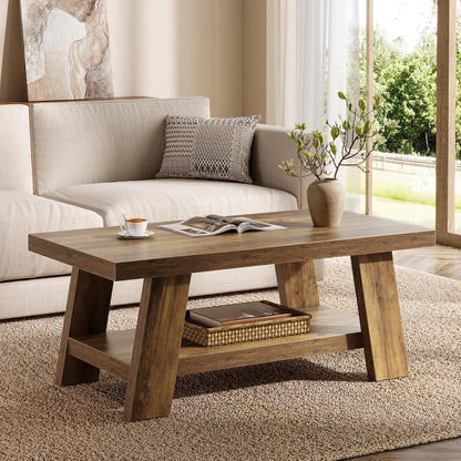 Farmhouse Coffee Table, 47.24" Rectangle Rustic Coffee Tables for Living Room, Long Wooden Center Tables with Storage Shelves for Apartment, Home Office (Brown)