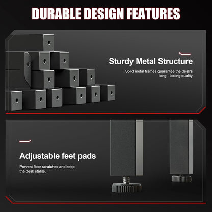 Gaming Desk 55 Inch with LED Lights, Large Computer Desk with Mouse Pad for Home Office, T-Shaped Carbon Fibre Surface PC Game Workstations with Headphone Hook