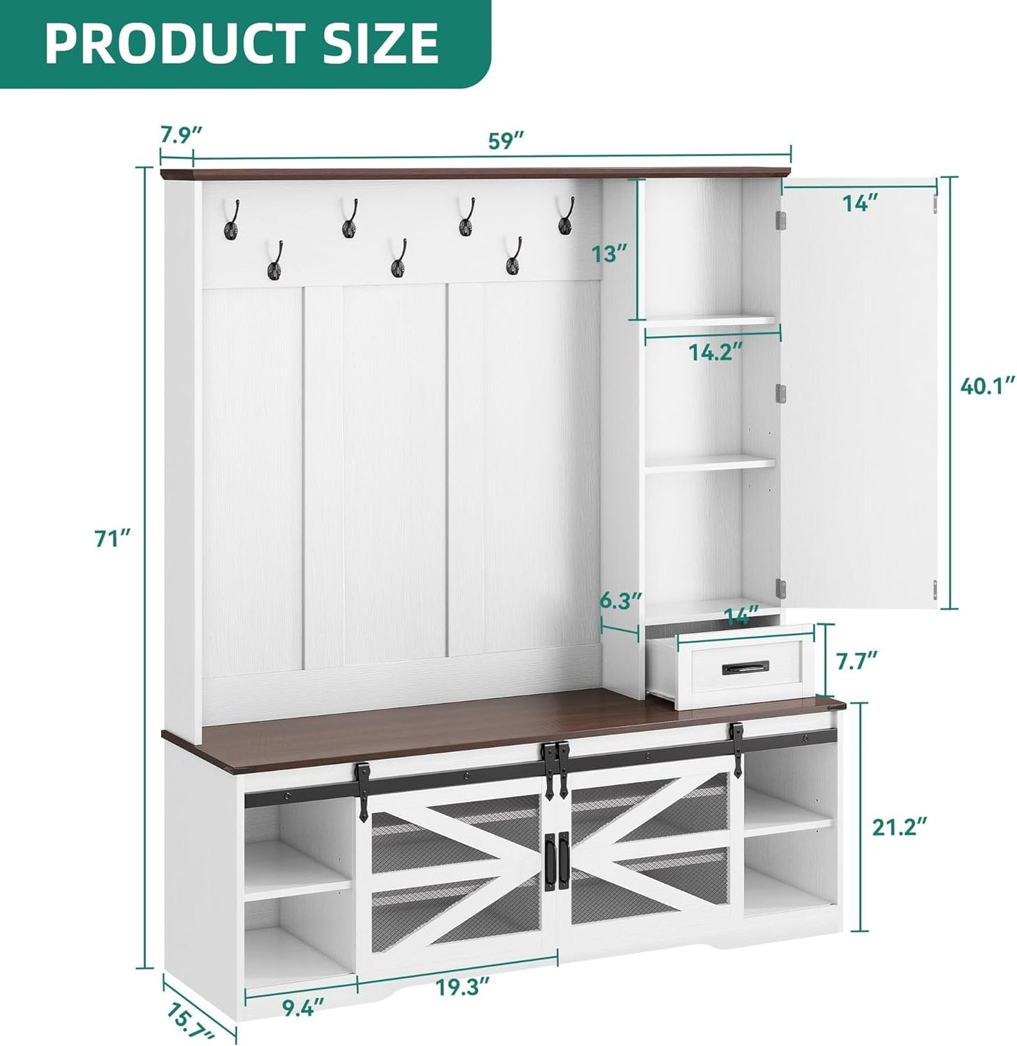 Hall Tree with Bench and Shoe Rack, Modern Large Shoe Storage Organizer with Coat Hooks, Drawer, Sliding Barn Door, Adjustable Shelves & Anti-Tip Kit for Entryway Mudroom