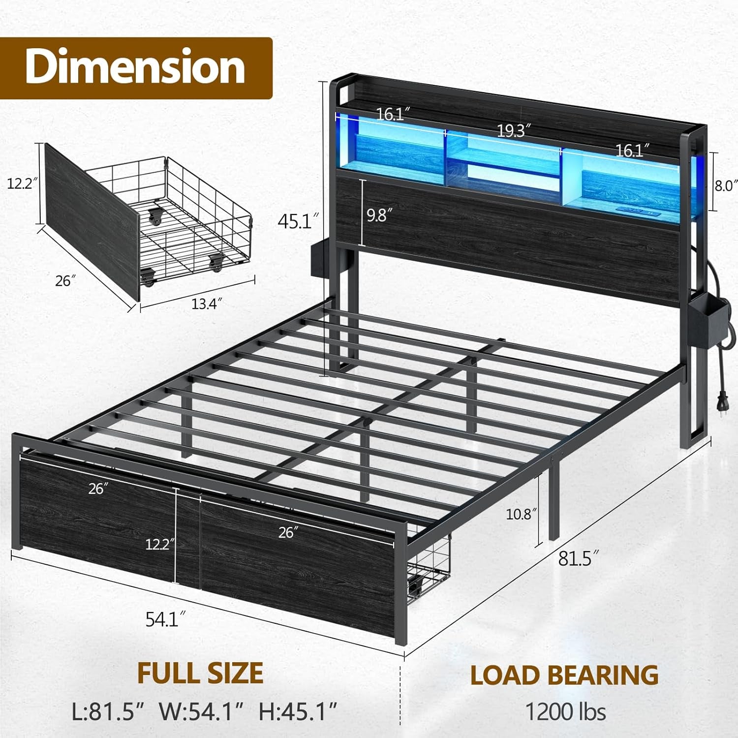 Full Size Bed Frame with Wood Headboard, Metal Platform Bed Frame Full Size with 2 Storage Drawers and Shelf, LED Lights and Charging Station, No Box Spring Needed, Noise Free, Black