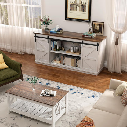 Farmhouse TV Stand for Televisions up to 65 Inches, Sliding Barn Doors and Storage Cabinets, Console Table and Media Furniture for Living Room, 58 Inch, Milk White