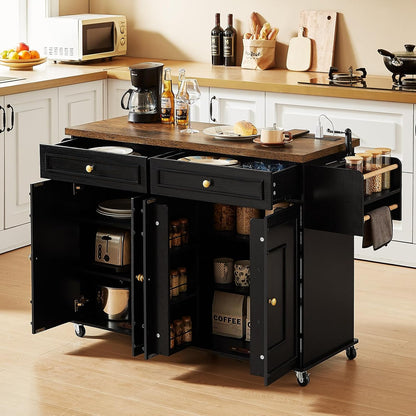 58" Mobile Kitchen Island, Kitchen Island Cart with Power Outlet, Island Table for Kitchen, Home Bar Carts with Storage, Kitchen Rolling Island with Spice Rack & Towel Rack & Knife Holder