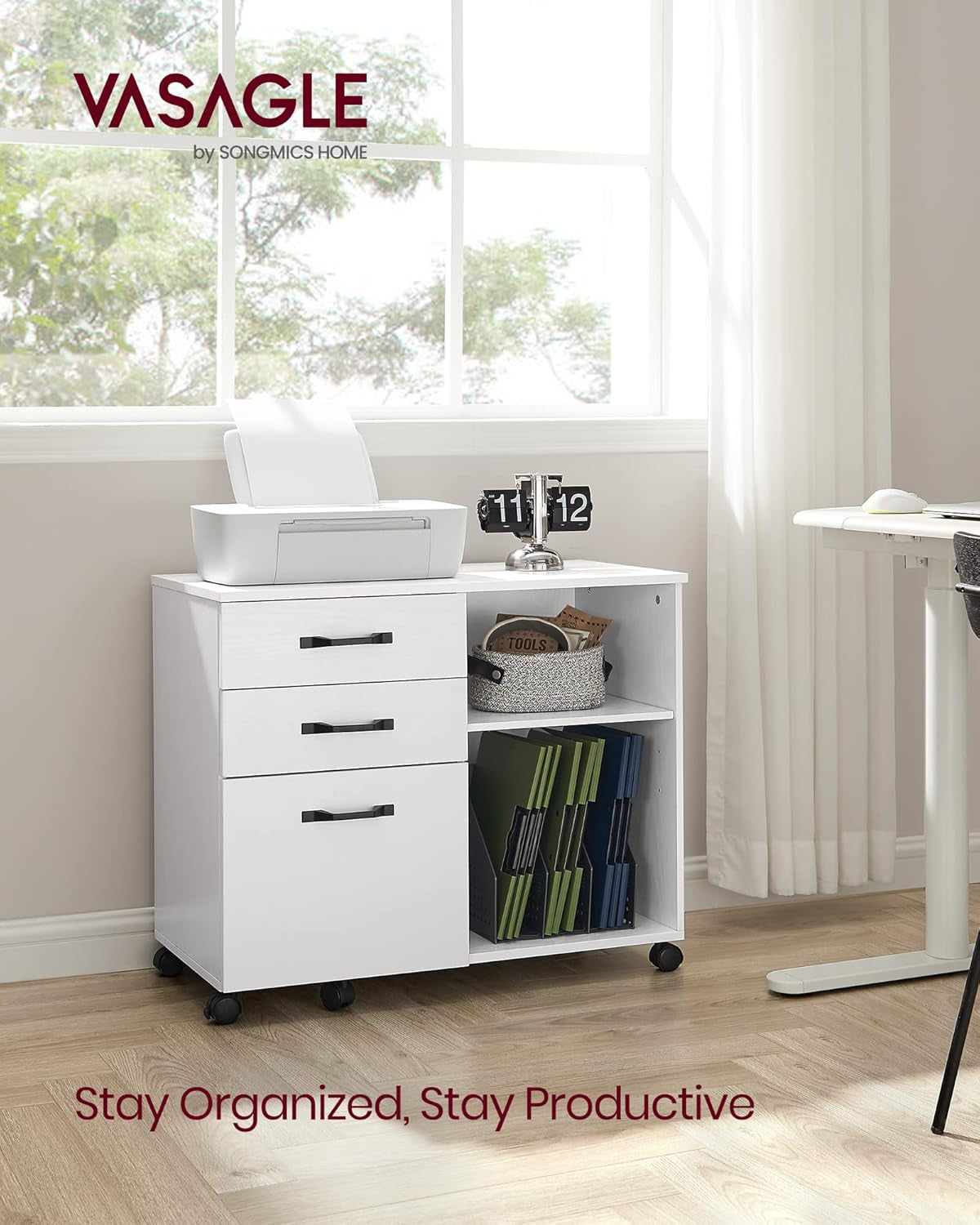 Lateral File Cabinet, Home Office Printer Stand, 3-Drawer Mobile Filing Cabinet with Open Storage Shelves, for A4, Letter-Size Files, White with Wood Grain UOFC041W46