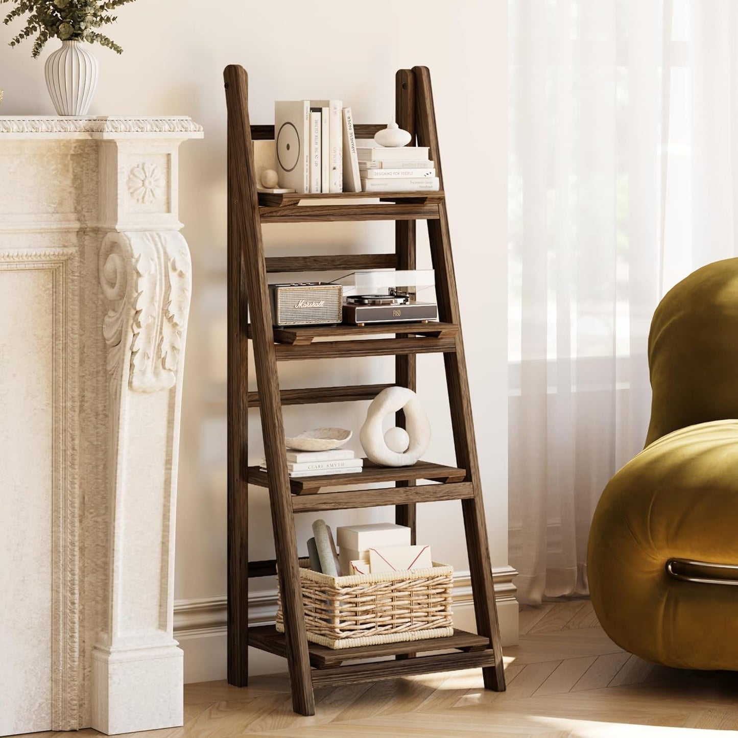 Ladder Shelves - Folding Wooden Ladder Bookshelf, 4-Tier Retro Plant Stand Storage Shelves for Home Living Room, Brown