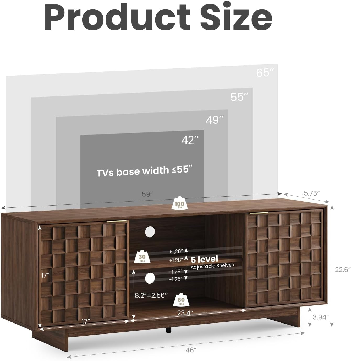 TV Stand with Two Doors, Entertainment Center 59" with Adjustable Shelves and Storage, Mid-Century Modern TV Stand for 50/55/65 Inch TV, Media Console Cabinet for Living Room, Bedroom Walnut