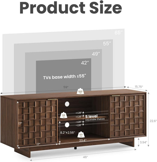 TV Stand with Two Doors, Entertainment Center 59" with Adjustable Shelves and Storage, Mid-Century Modern TV Stand for 50/55/65 Inch TV, Media Console Cabinet for Living Room, Bedroom Walnut