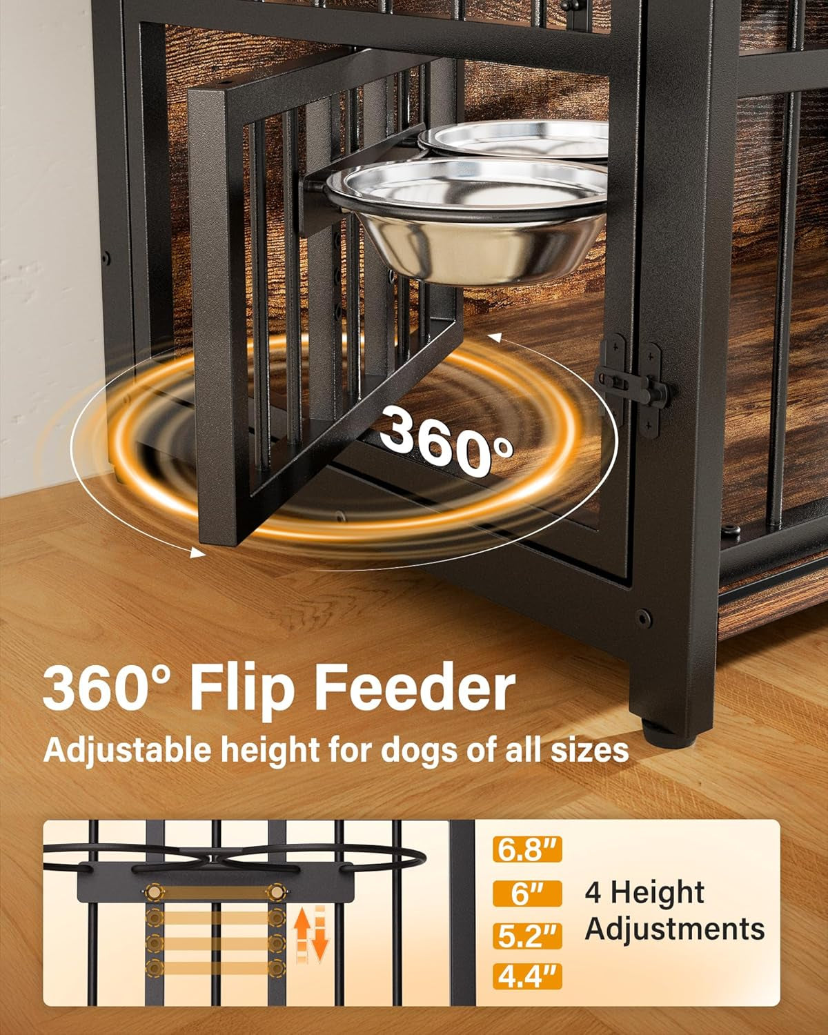 Dog Crate Furniture with Sliding Barn Door, 44"/39"/32" Decorative Dog Kennel Indoor with 2 Doors, Escape-Proof Multi-Lock Crates for Medium Dogs Indoor, Chewproof Wooden End Table, 360° Feed Rack