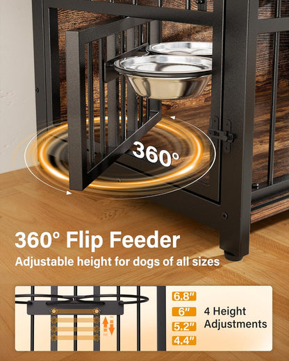 Dog Crate Furniture with Sliding Barn Door, 44"/39"/32" Decorative Dog Kennel Indoor with 2 Doors, Escape-Proof Multi-Lock Crates for Medium Dogs Indoor, Chewproof Wooden End Table, 360° Feed Rack