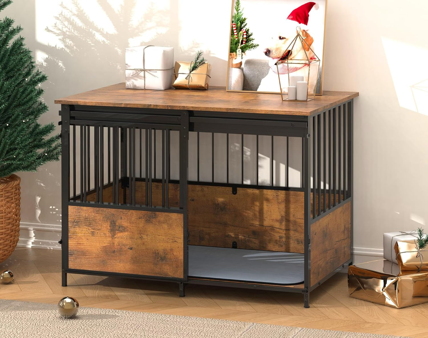 40 Inch Dog Crate Furniture, Heavy Duty Dog Kennel Indoor with Cushion & Double Doors, Wooden Dog Cage Side End Table for Medium Large Dogs, Brown