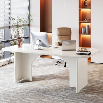 Modern White Desk, Large Minimalist Executive Office Computer Desk Writing Study Makeup Vanity Table Workstation with Arch Design Legs, 63 X 31.5 Inch