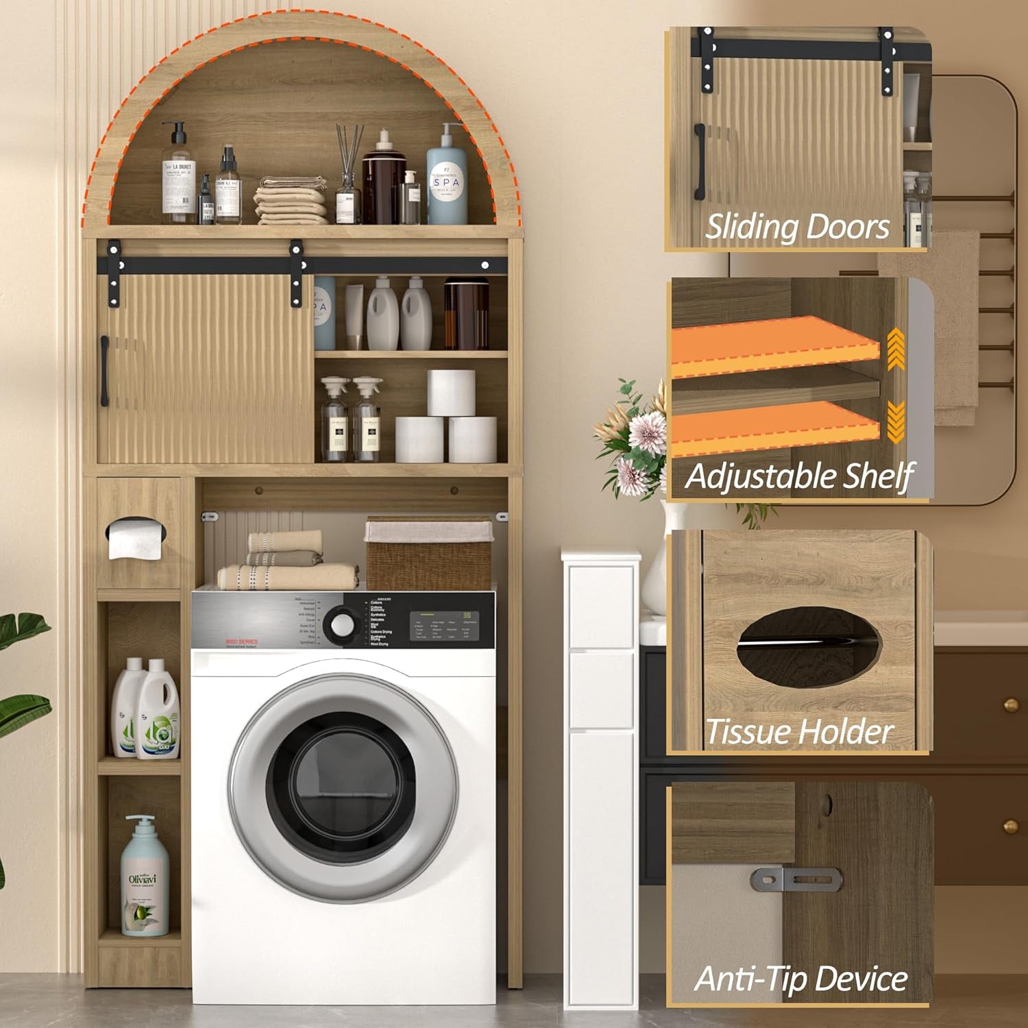 Over the Toilet Storage Cabinet, Bathroom Organizer over Toilet with Sliding Doors, Arched Storage Organizer Cabinet with Anti-Tip Device and Adjustable Shelf for Bathroom, Natural