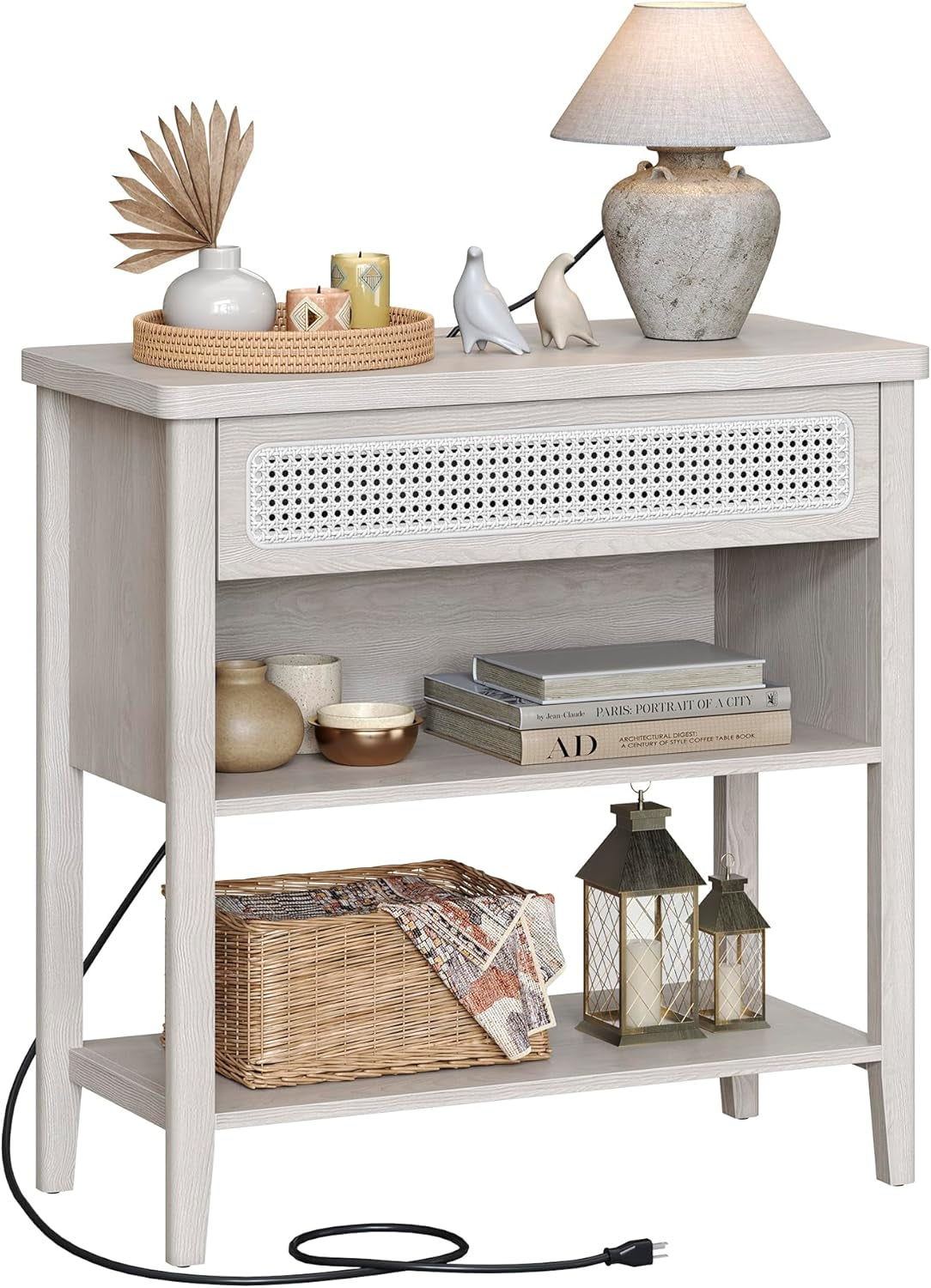 Console Table with Power Outlets, Entryway Table with Storage Shelf, Sofa Table with Drawer, Open Compartment, Rounded Corners, for Living Room, Boho Style, Oatmeal Beige ULNT140K66