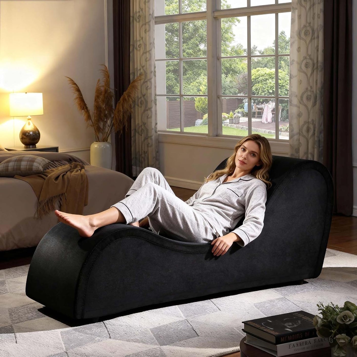 Chaise Lounge Chair, Ergonomic Chair for Stretching, Relaxation, Exercise with Padded Sponge, Removable & Washable, Non-Slip Bottom for Bedroom, Living Room, Black