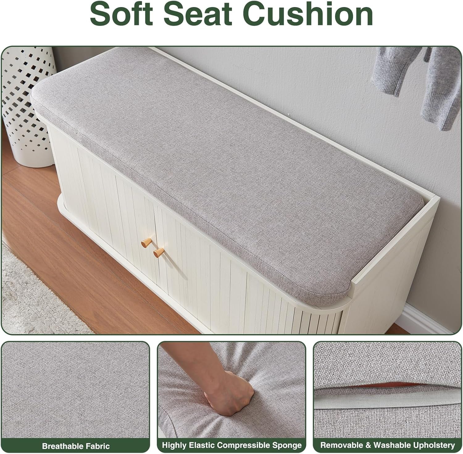 Hall Tree with Bench and Shoe Storage, Entryway Bench with Sliding Door Cabinet, Removable Padded, Metal Wall Hooks, Adjustable Storage Compartments, for Entry, Hallway, Living Room, Beige