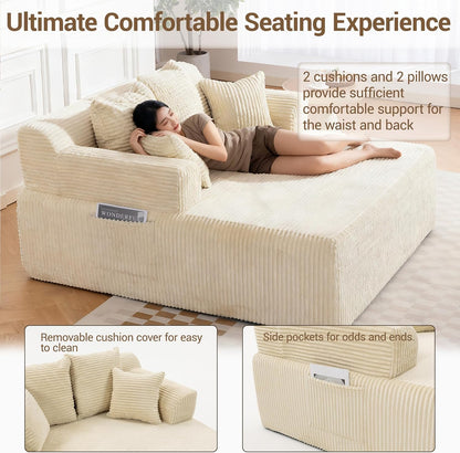 58" Chaise Lounge Chair Indoor, Beige - Oversized Corduroy Boneless Sleeper Sofa Bed with Armrests and 4 Pillows, No Assembly for Living Room