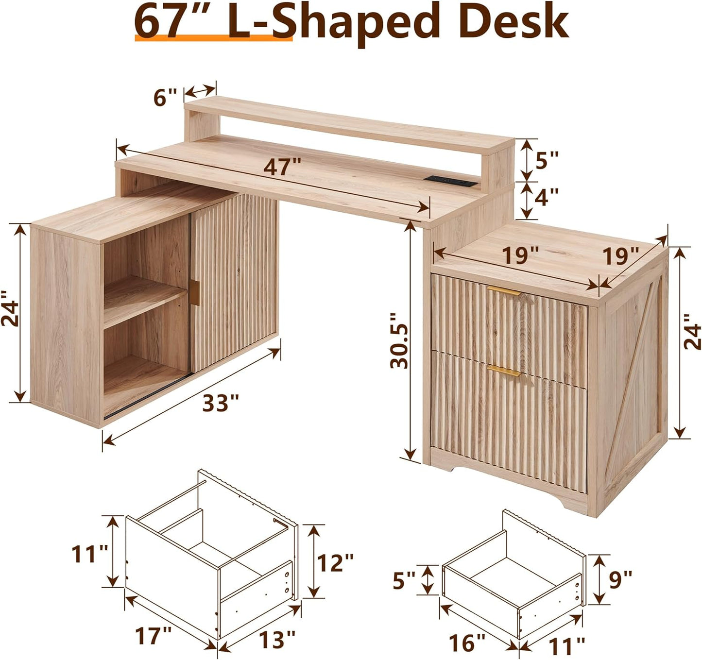 67" Modern L Shaped Desk with Storage Cabinet & Drawers, Wood Home Office Desk with Power Outlets, Fluted Computer Writing Desk, Natural Oak