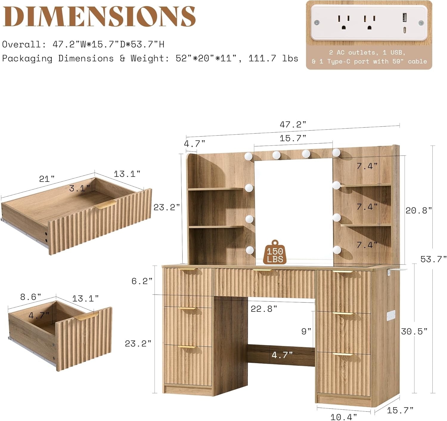 47.2" Fluted Vanity Desk with Mirror and Adjustable LED Lights, Large 7 Drawers Makeup Vanity Table with Glass Top and Charging Station for Women and Girls, Bedroom or Dorm, Natural Oak