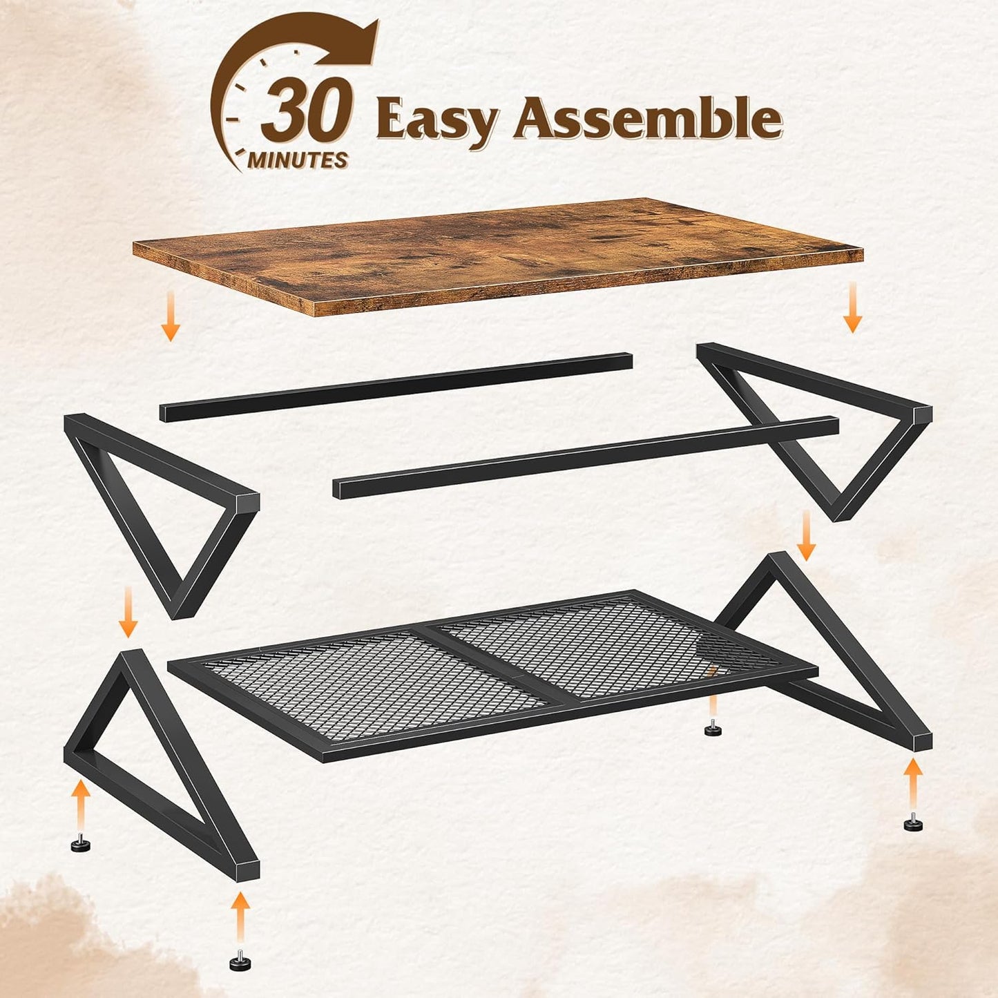 Coffee Table with Storage, Modern Coffee Tables for Living Room with Mesh Shelf, 2 Tier Rectangular Center Table for Living Room, Bedroom, 39.4 Inch, Rustic Brown