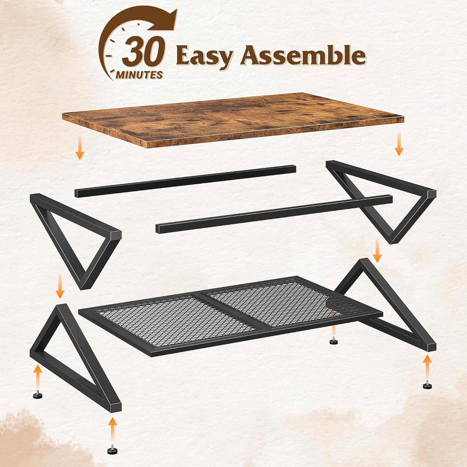 Coffee Table with Storage, Modern Coffee Tables for Living Room with Mesh Shelf, 2 Tier Rectangular Center Table for Living Room, Bedroom, 39.4 Inch, Rustic Brown