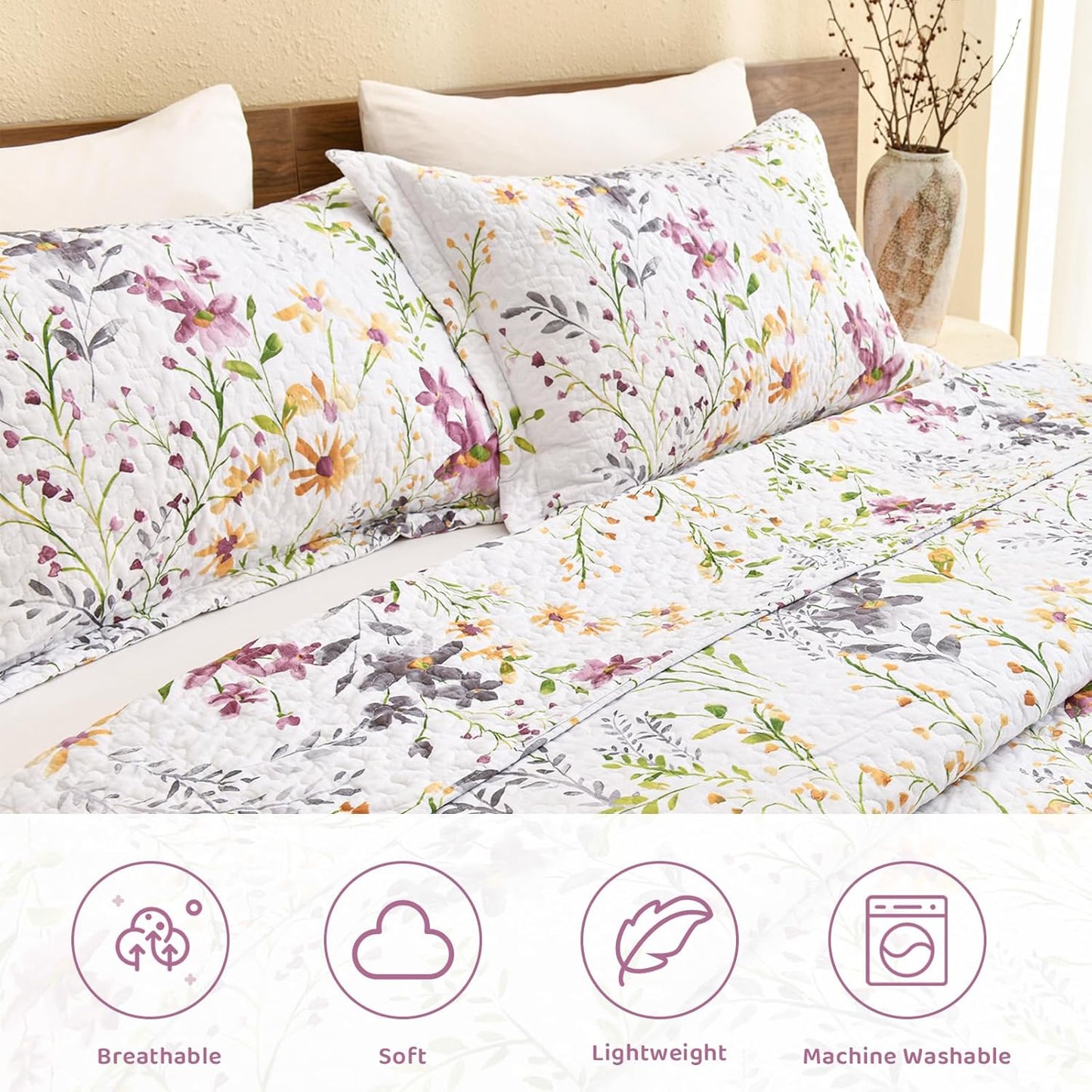 Cotton King Size Pillow Shams Set of 2 (20"X36"), Flowers Printed Pillow Covers Soft Breathable Envelope Closure Quilted Bed Pillows