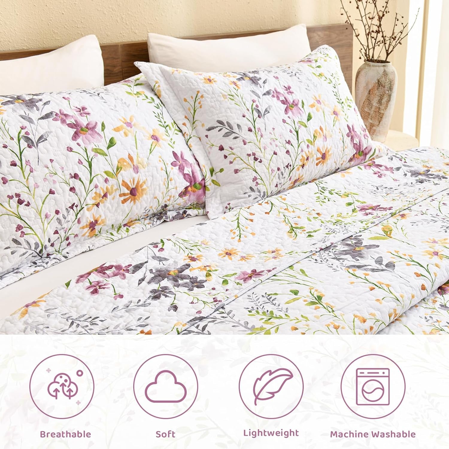 Cotton King Size Pillow Shams Set of 2 (20"X36"), Flowers Printed Pillow Covers Soft Breathable Envelope Closure Quilted Bed Pillows