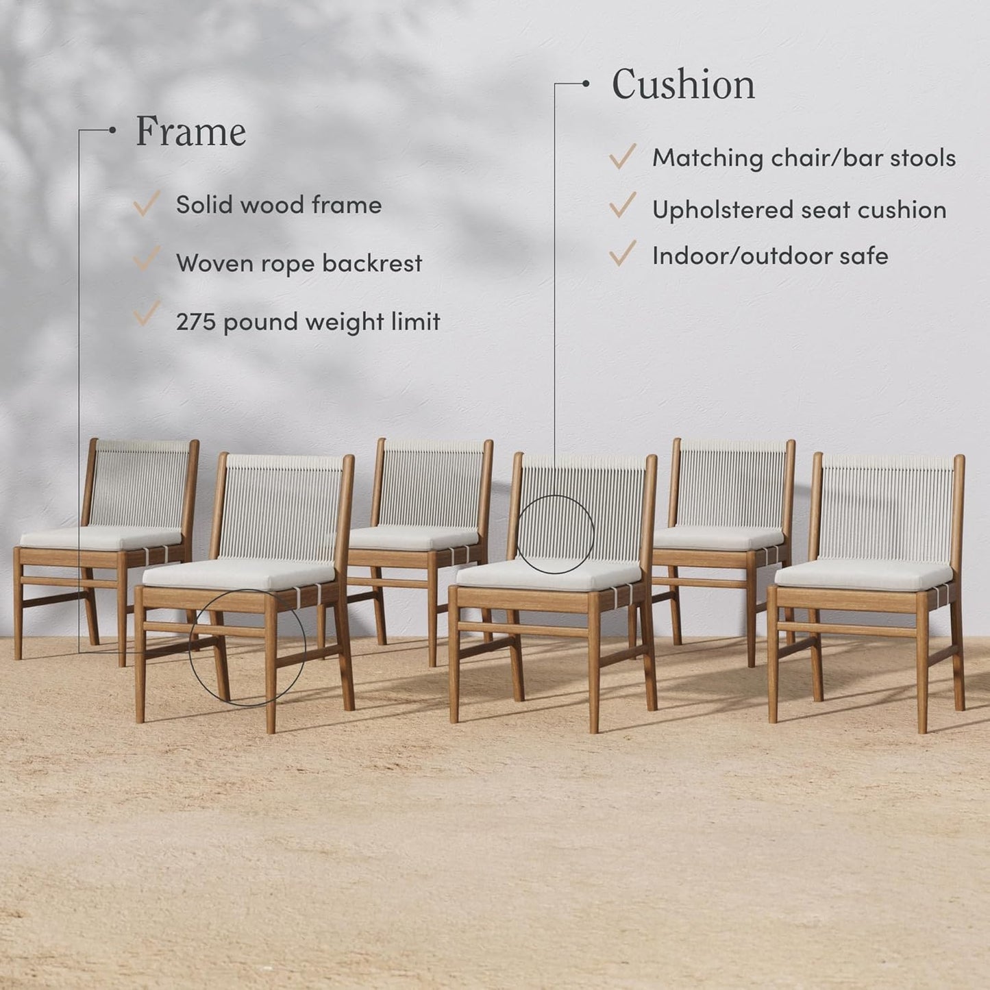 Kayden Outdoor Dining Chair with Cushion, Porch Chair with Solid Wood Acacia Wood Frame, Foam Cushion and Woven Rope Backrest, Set of 6