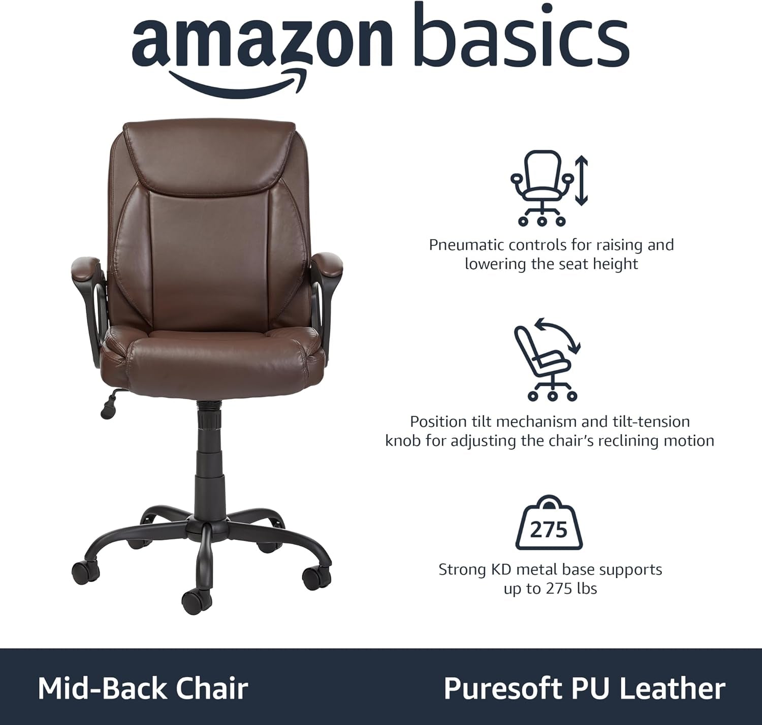 Classic Puresoft PU Padded Mid-Back Height Adjustable Office Computer Desk Chair with Armrest, 25.75"D X 24.25"W X 42.25"H, Brown