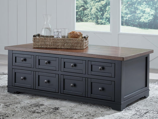 Wildenauer Lift Top Cocktail Table, Satin Finish Base, 2 Drawers, 2 Storage Bins, Hardwood Solids, 52" W X 28" D X 19" H, Light Brown & Black
