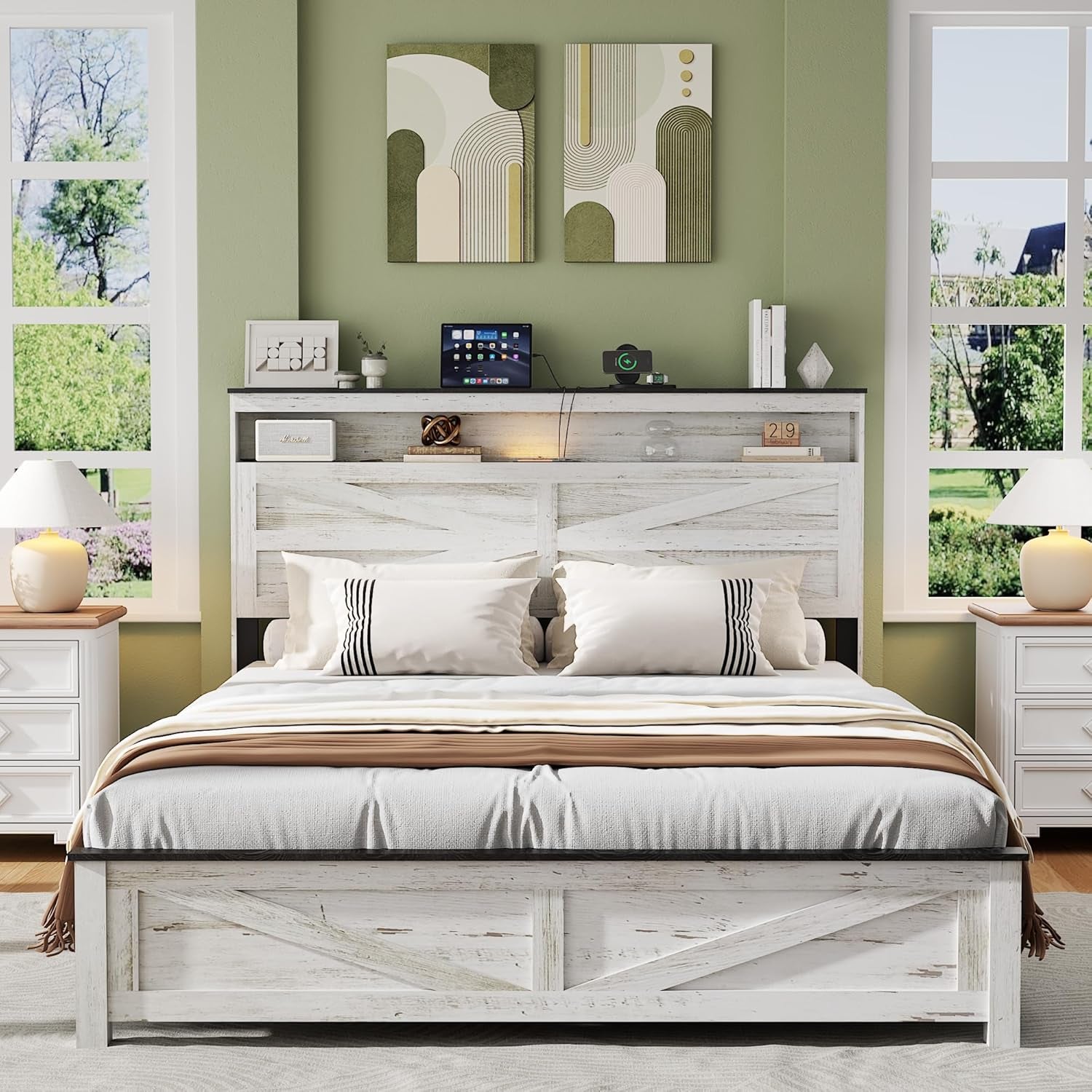Farmhouse Queen Size Bed Frame with Headboard Storage Shelf, Wood Platform Bed Frame with LED Lights & Charging Station, Rustic White Metal Bed, No Box Spring Needed, Noise-Free Sturdy Structure