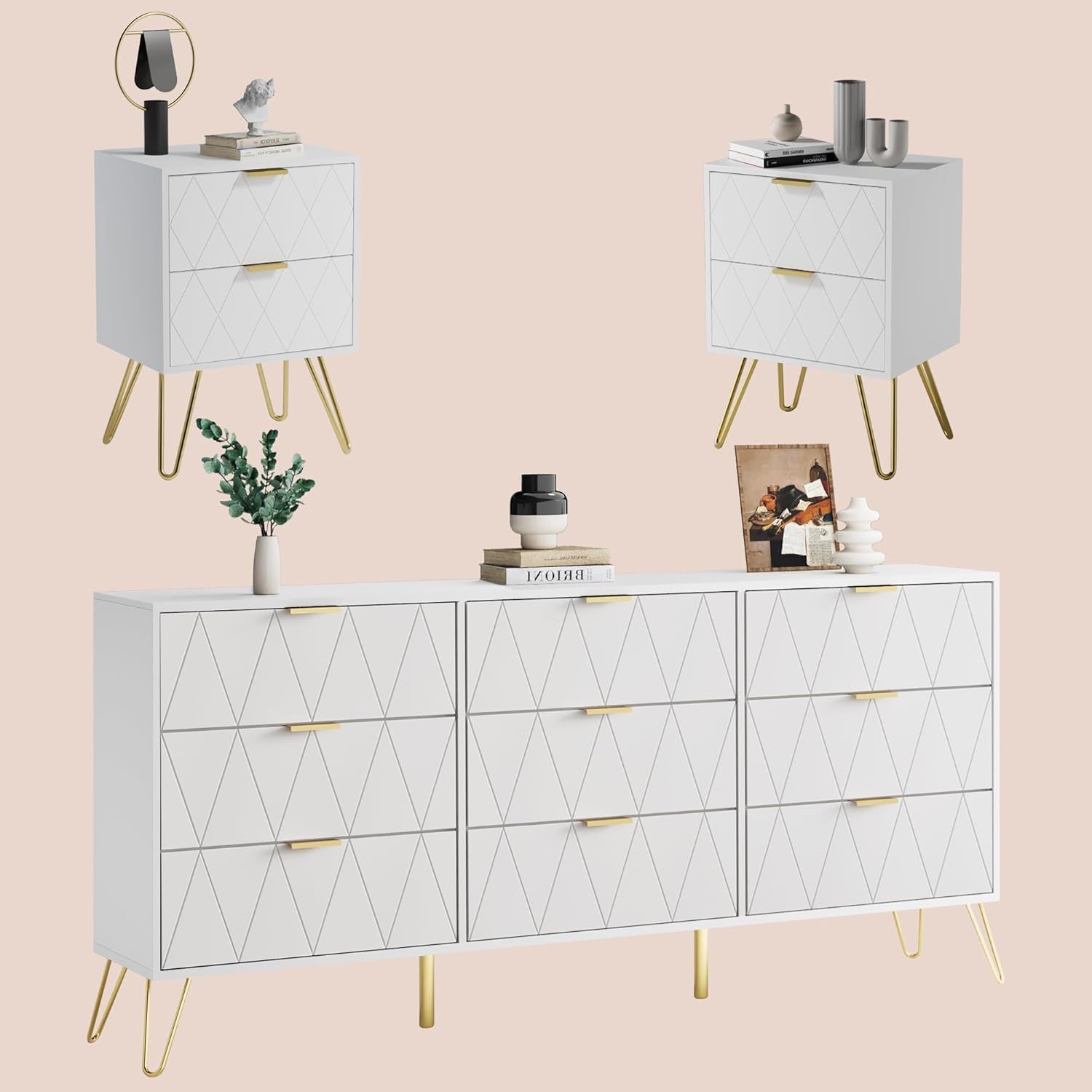 Modern Nightstands and 9 Drawer Dresser Sets Bedside Table Set Bedroom Set 3-Piece White