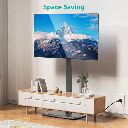 Floor TV Stand with Power Outlet, Tall TV Stand Mount for 32-75 Inch TV up to 110 Lbs, Swivel and Height Adjustable TV Stands with Wood Base for Bedroom, Office(Tvdvd-7P), Black