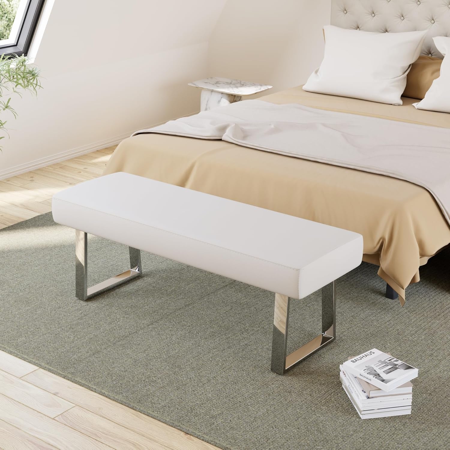 Bedroom Bench, Bed End Upholstered Bench, Indoor Corner Small Footstool with Metal Legs, for Kitchen Entryway Dining Room and Living Room Window