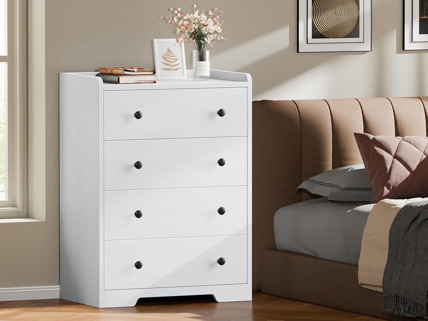 4-Drawer Dresser for Bedroom - White Wood Chest of Drawers Closet Storage Cabinet Organizer for Bedroom, Living Room, Hallway & Office