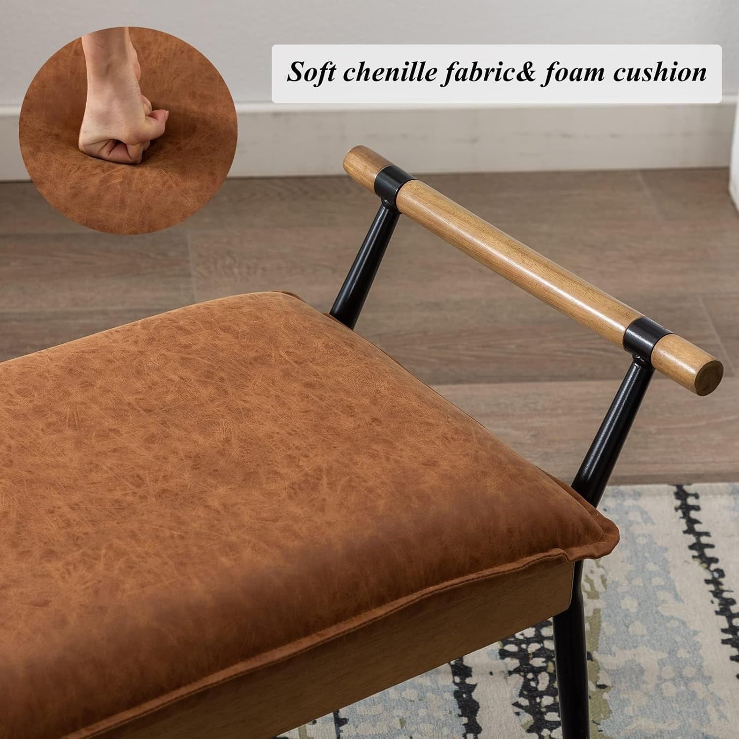 Modern Rectangle Ottoman Bench with Arms and Metal Legs, Mid Century PU Dining Table Bench Footstool Entryway Shoe Bench for Dining Room Bedroom Living Room, Brown