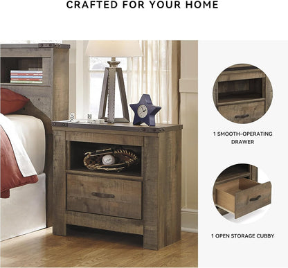 Signature Design by Ashley Trinell Rustic 1 Drawer Nightstand, USB Charing, Storage Cubby, Nailhead Accents, Wood, 24.72" W X 16.18" D X 26.22" H, Warm Brown
