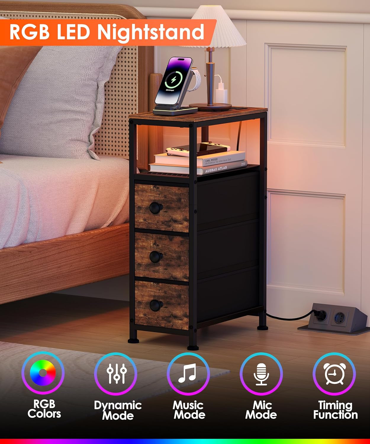 Narrow End Table with Charging Station, 7.9" Wide Couch Side Table with LED Light, Skinny Nightstand with 3 Fabric Storage Drawers, Slim Bedside Table for Bedroom, Small Spaces, Rustic Brown