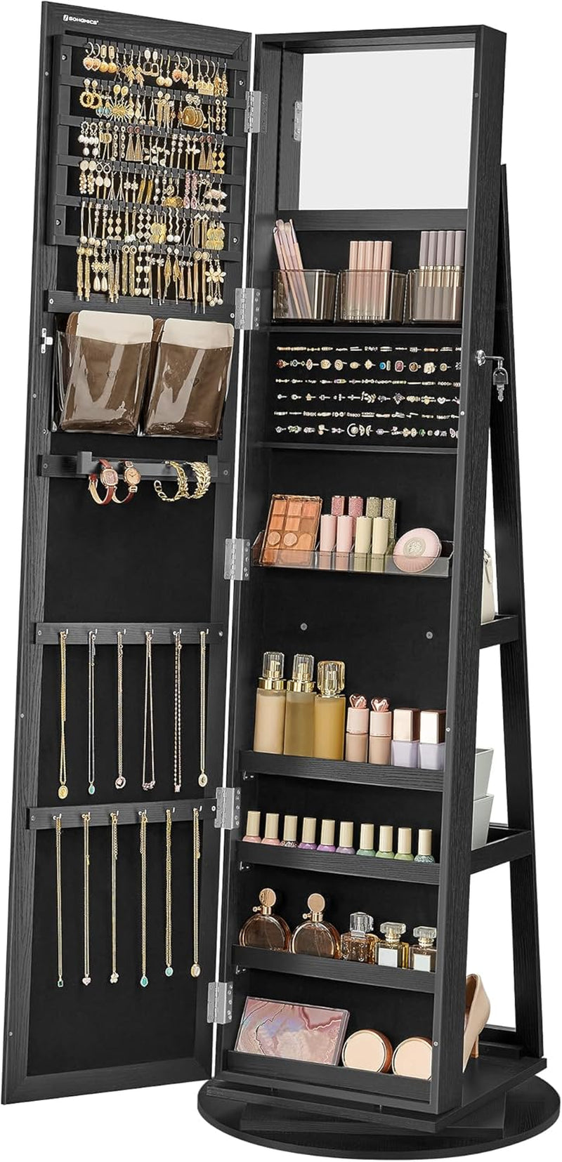 360° Swivel Jewelry Cabinet, Lockable Jewelry Organizer with Full-Length Mirror, Rear Storage Shelves, Interior Mirror, Jewelry Armoire, Gift Idea, Rustic Brown UJJC006X01