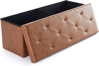 43 Inches Folding Ottoman with Storage Bench, Foot Rest Stool, End of Bed Storage Bench Upholstered, Load 660 Lbs, for Living Room, Synthetic Leather, Brown
