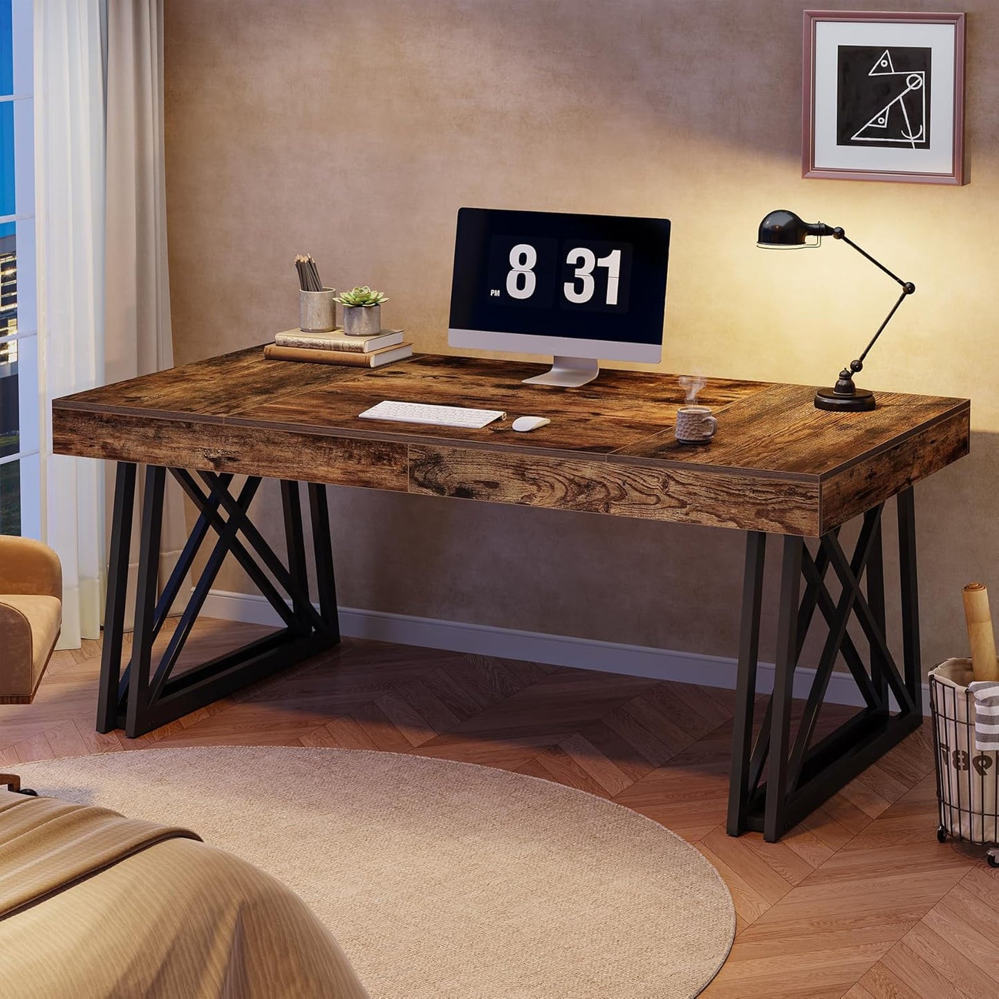 63-Inch Executive Desk, Farmhouse Office Computer Desk with Sturdy X-Shaped Legs, Large Writing Table Business Furniture Workstation for Home Office, Study (Rustic Brown & Black)